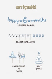 6 Ay Temalı Erkek Bebek Parti Seti – Happy 6 Months Banner, Pasta Süsü, Kürdan Süs ve Parti Şapkası Seti Mavi