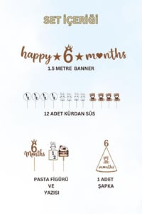 6 Ay Temalı Kahverengi Parti Seti – Happy 6 Months Banner, Pasta Süsü, Kürdan Süs ve Parti Şapkası Seti