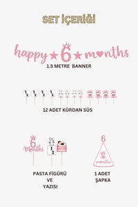 6 Ay Temalı Kız Bebek Parti Seti – Happy 6 Months Banner, Pasta Süsü, Kürdan Süs ve Parti Şapkası Seti Pembe