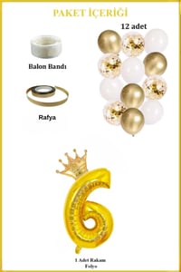 6 Rakam Gold Folyo Balon, Kral Tacı Ve Konfetili Gold Balon