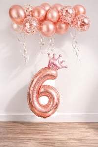 6 Rakam Rose Gold Folyo Balon, Kral Tacı Ve Konfetili Rose Gold Balon