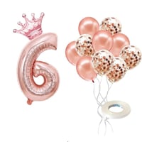 6 Rakam Rose Gold Folyo Balon, Kral Tacı Ve Konfetili Rose Gold Balon