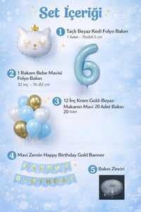 6 Yaş Kedi Temalı Doğum Günü Balon Seti – Mavi Gold Konsept