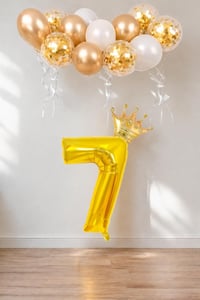 7 Rakam Gold Folyo Balon, Kral Tacı Ve Konfetili Gold Balon