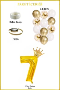 7 Rakam Gold Folyo Balon, Kral Tacı Ve Konfetili Gold Balon