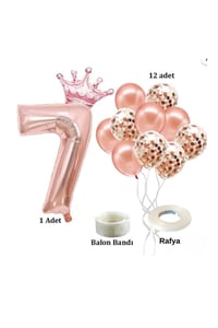 7 Rakam Rose Gold Folyo Balon, Kral Tacı Ve Konfetili Rose Gold Balon