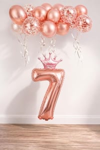 7 Rakam Rose Gold Folyo Balon, Kral Tacı Ve Konfetili Rose Gold Balon