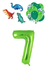 7 Yaş Dinazor Set; Rakam Folyo, 3 Adet Mini Dinazor ve 10 lu Balon