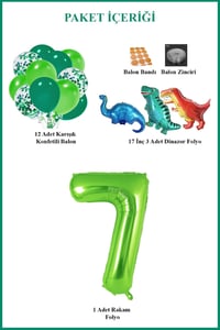 7 Yaş Dinazor Set; Rakam Folyo, 3 Adet Mini Dinazor ve 10 lu Balon