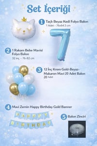 7 Yaş Kedi Temalı Doğum Günü Balon Seti – Mavi Gold Konsept