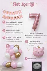 7 Yaş Kedi Temalı Günü Balon Doğum Seti – Pembe Gold Konsept