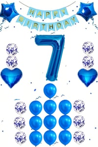 7 Yaş Mavi Konsept Doğum Günü Seti;  Kalp Yıldız Folyo Balon Set