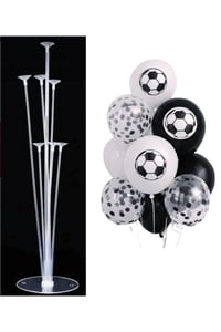 7'li Balon Standı ve 10 Adet Futbol Temalı Siyah-Beyaz-Şeffaf Konfetili Balon Set