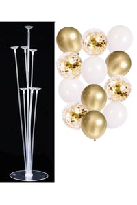 7'li Balon Standı ve 10 Adet Gold-Beyaz-Şeffaf Konfetili Balon Set
