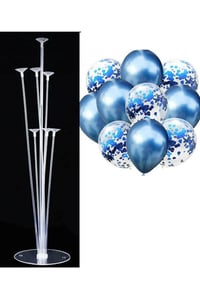 7'li Balon Standı ve 10 Adet Metalik Mavi ve Şeffaf Konfetili Balon Set
