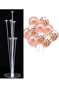 7'li Balon Standı ve 10 Adet Rose Gold ve Şeffaf Konfetili Balon Set