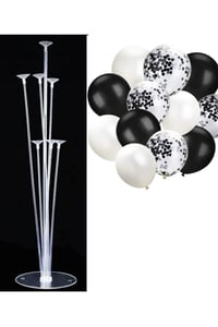 7'li Balon Standı ve 10 Adet Siyah Beyaz ve Şeffaf Konfetili Balon Set