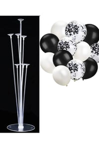 7'li Balon Standı ve 10 Adet Siyah Beyaz ve Şeffaf Konfetili Balon Set