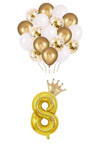 8 Rakam Gold Folyo Balon, Kral Tacı Ve Konfetili Gold Balon