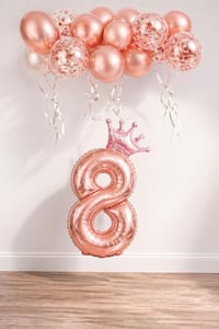 8 Rakam Rose Gold Folyo Balon, Kral Tacı Ve Konfetili Rose Gold Balon
