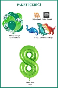 8 Yaş Dinazor Set; Rakam Folyo, 3 Adet Mini Dinazor ve 10 lu Balon