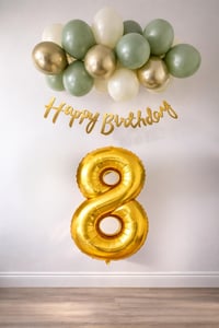 8 Yaş Küf Yeşili Deniz Kumu ve Krom Gold Balonlu Konsept  Doğum Günü Seti