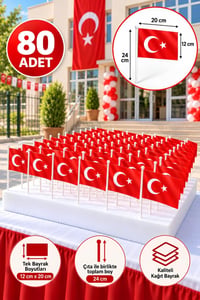 80 Adet Çubuklu Türk Bayrağı – Ay Yıldız Baskılı Kağıt Bayrak 12x20 cm