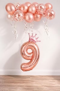 9 Rakam Rose Gold Folyo Balon, Kral Tacı Ve Konfetili Rose Gold Balon