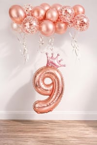 9 Rakam Rose Gold Folyo Balon, Kral Tacı Ve Konfetili Rose Gold Balon