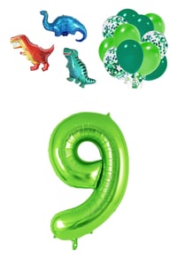 9 Yaş Dinazor Set; Rakam Folyo, 3 Adet Mini Dinazor ve 10 lu Balon
