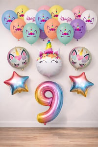 9 Yaş Gökkuşağı Konsepti Unicorn Temalı Doğum Günü Parti Kutlama Seti