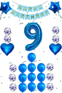 9 Yaş Mavi Konsept Doğum Günü Seti;  Kalp Yıldız Folyo Balon Set