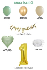 Adaçayı Konsept 1 Yaş Doğum Günü Seti ; Küf Yeşili-Krom Gold- Deniz Kumu ve Adaçayı Kalp Folyo Balon