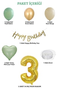 Adaçayı Konsept 3 Yaş Doğum Günü Seti ; Küf Yeşili-Krom Gold- Deniz Kumu ve Adaçayı Kalp Folyo Balon
