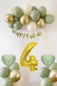 Adaçayı Konsept 4 Yaş Doğum Günü Seti ; Küf Yeşili-Krom Gold- Deniz Kumu ve Adaçayı Kalp Folyo Balon