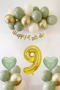 Adaçayı Konsept 9 Yaş Doğum Günü Seti ; Küf Yeşili-Krom Gold- Deniz Kumu ve Adaçayı Kalp Folyo Balon