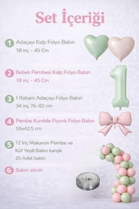 Adaçayı Yeşili & Pembe 1 Yaş Doğum Günü Balon Süsleme Seti