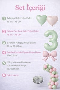 Adaçayı Yeşili & Pembe 3 Yaş Doğum Günü Balon Süsleme Seti