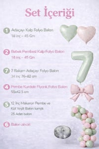 Adaçayı Yeşili & Pembe 7 Yaş Doğum Günü Balon Süsleme Seti