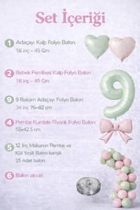 Adaçayı Yeşili & Pembe 9 Yaş Doğum Günü Balon Süsleme Seti