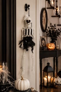 Beyaz Fiyonklu Tüllü İskelet Süs 43 Cm Halloween Cadılar Bayramı Parti Malzemesi