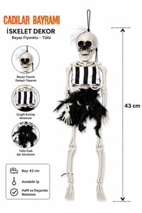 Beyaz Fiyonklu Tüllü İskelet Süs 43 Cm Halloween Cadılar Bayramı Parti Malzemesi