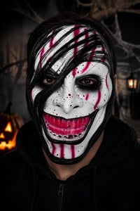 Beyaz Kanlı Gülümseyen Korku Maskesi – Siyah Saç Detaylı Halloween Cadılar Bayramı Maskesi