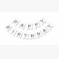 Beyaz Zemin Gümüş Happy Birthday Banner 