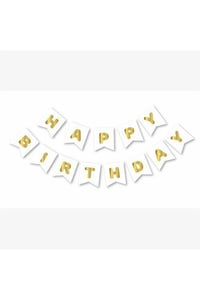 Beyaz Zemin Happy Birthday Gold Banner