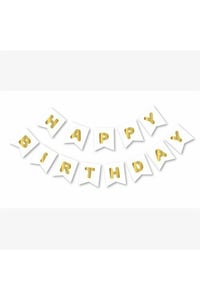 Beyaz Zemin Happy Birthday Gold Banner
