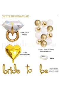 Bride To Be  El Yazısı, Tek Taş Yüzük Ve Kalp Folyo Balonlu Gold  Bride To Be Set