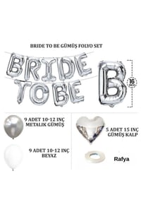 Bride To Be Gümüş Folyo Balon Seti, 5 Adet Kalp Folyo ve Lateks Balon