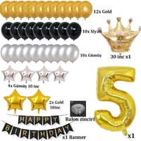 Büyük Boy Kral Taçlı Gold-Gümüş-Siyah 5 Yaş Doğum Günü Seti