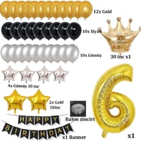 Büyük Boy Kral Taçlı Gold-Gümüş-Siyah 6 Yaş Doğum Günü Seti